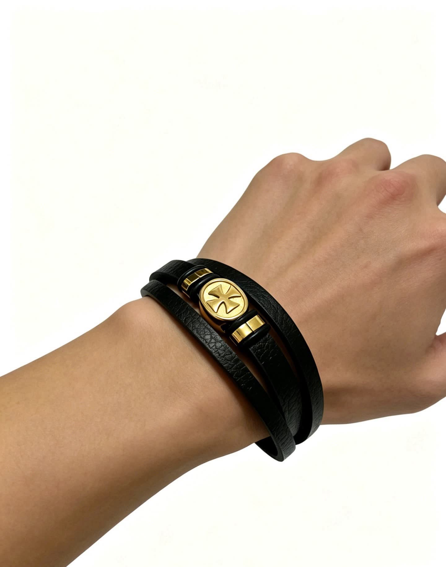 Chrome Hearts Black Leather Bracelet with Gold Cross